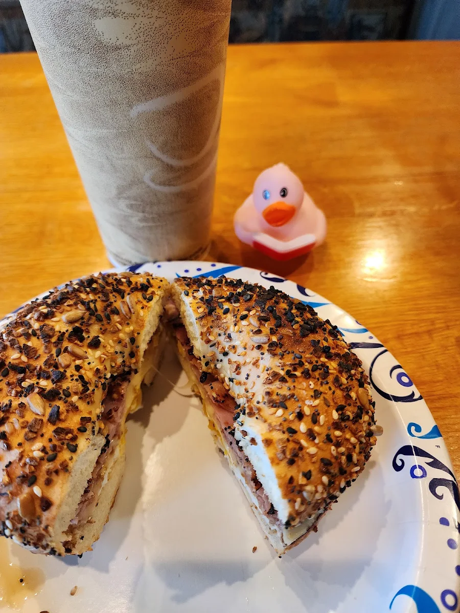 Ham Egg and Cheese on an Onion Bagel