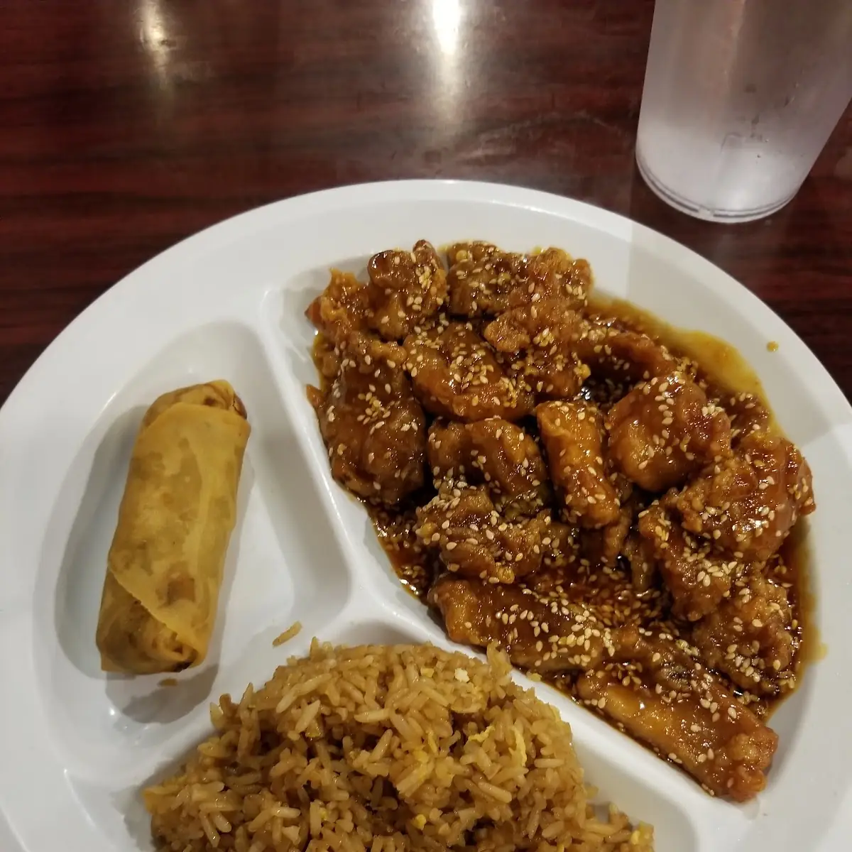 Sesame Chicken with Fried Rice and Egg Roll