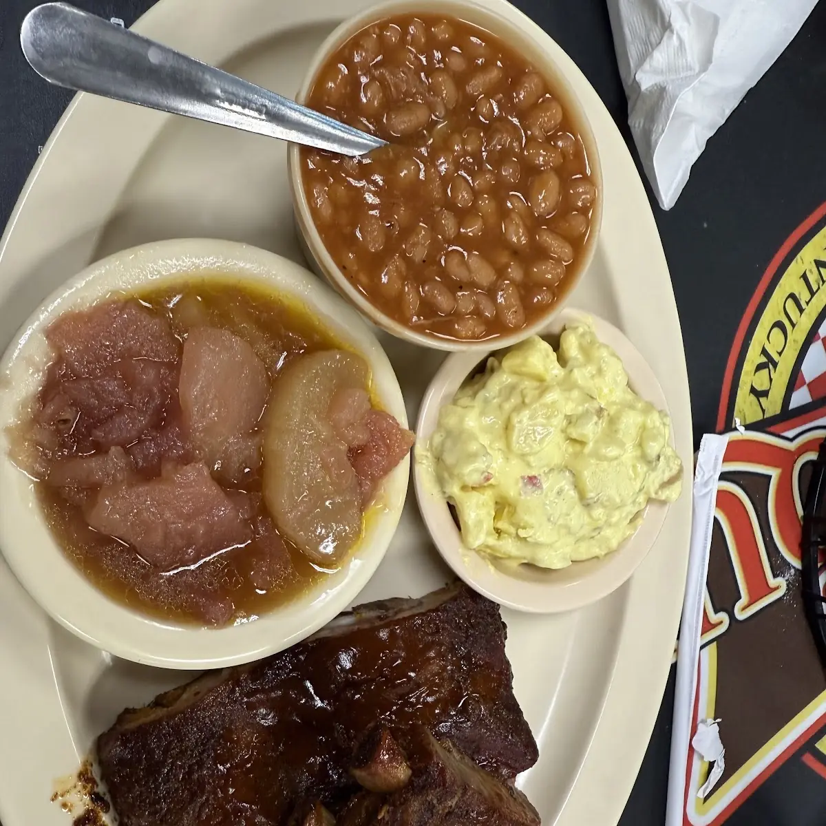 Rib Dinner with Potato Salad and Beans Fried Apples
