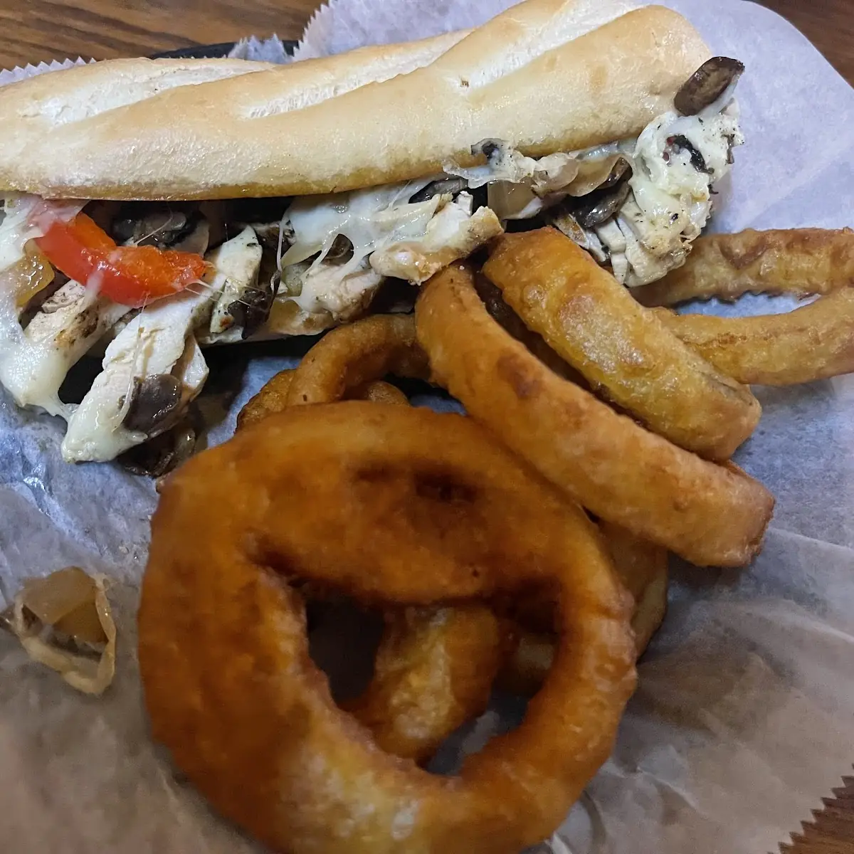 Chicken Philly Cheese Steak and Onion Rings
