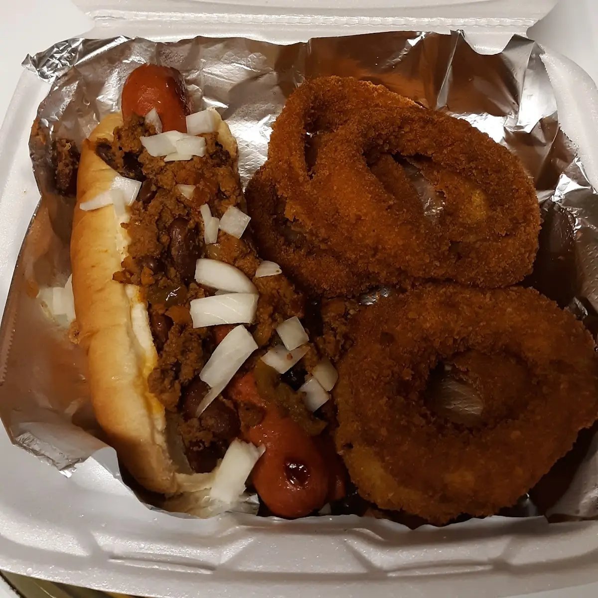 Chili Dog and Onion Rings