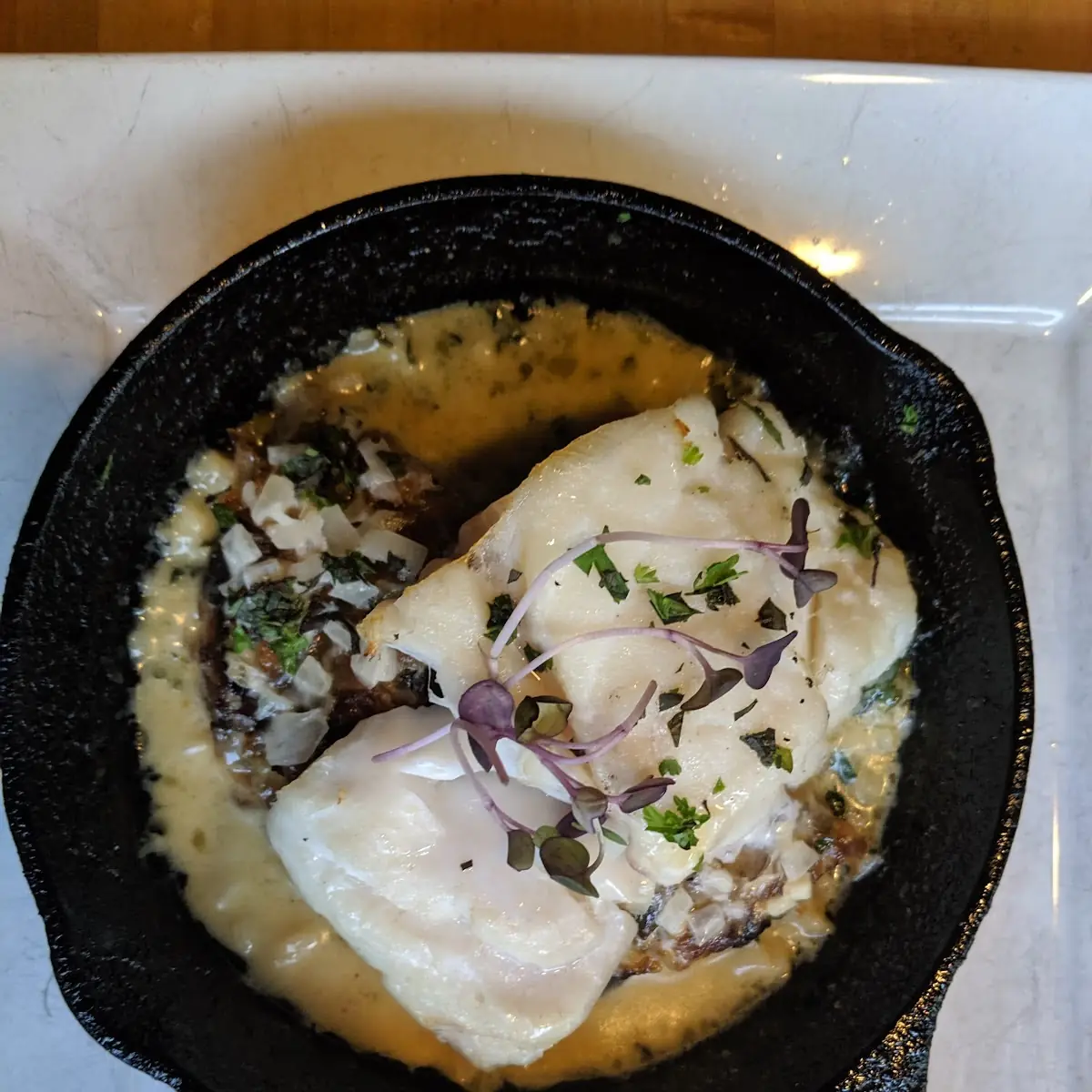Roasted Cod Potato Scallion Pancake Shallot Cream Sauce