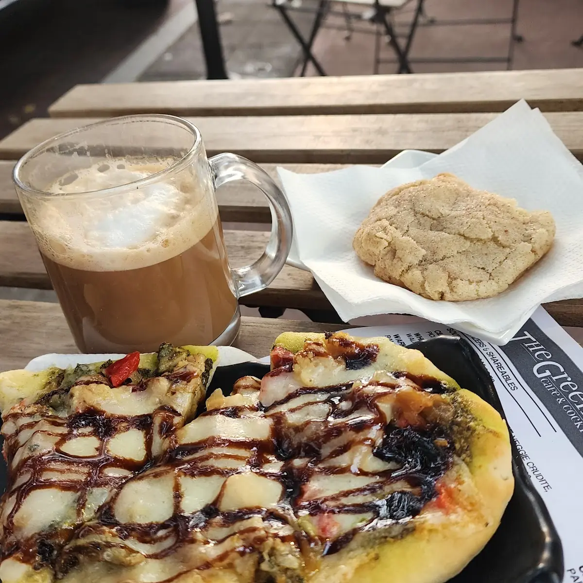Veggie Flatbread Snickerdoodle Cookie and Cafe Americano