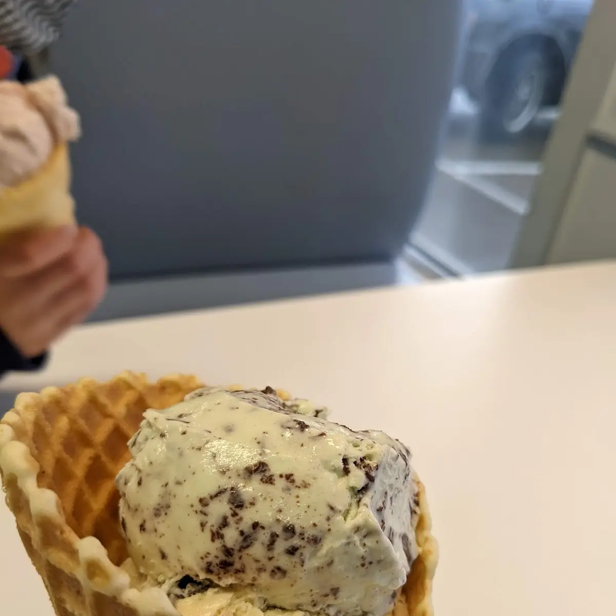 Waffle Cone Double Scoop Mint on Top of Banana