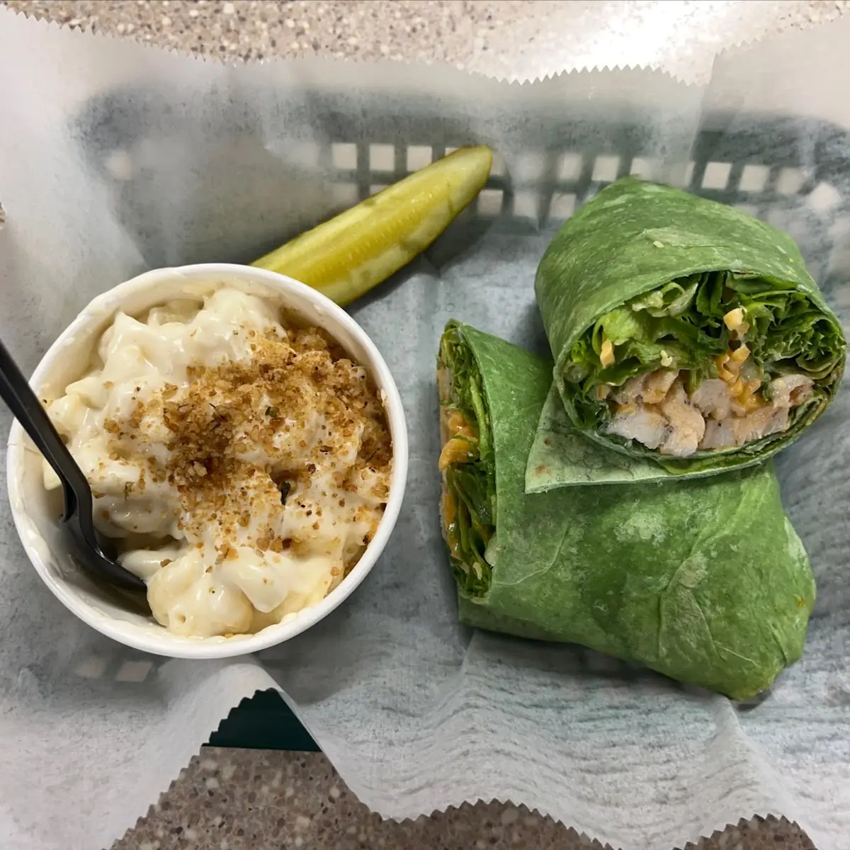 Chicken Caesar Wrap with Mac & Cheese