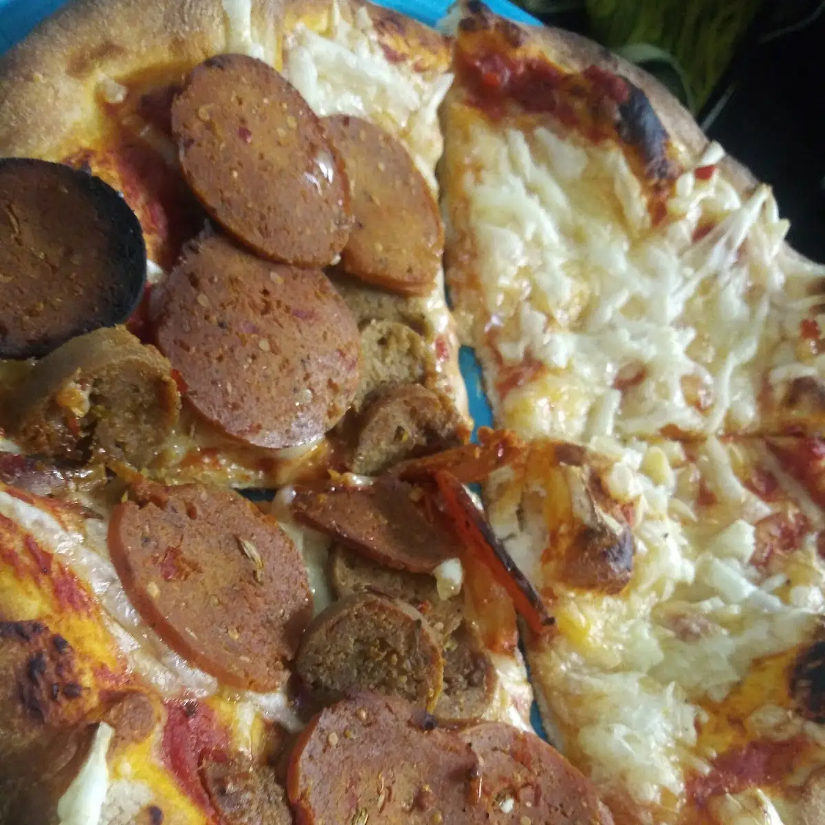 1 2 Plain Cheese One Half Pepperoni and Sausage