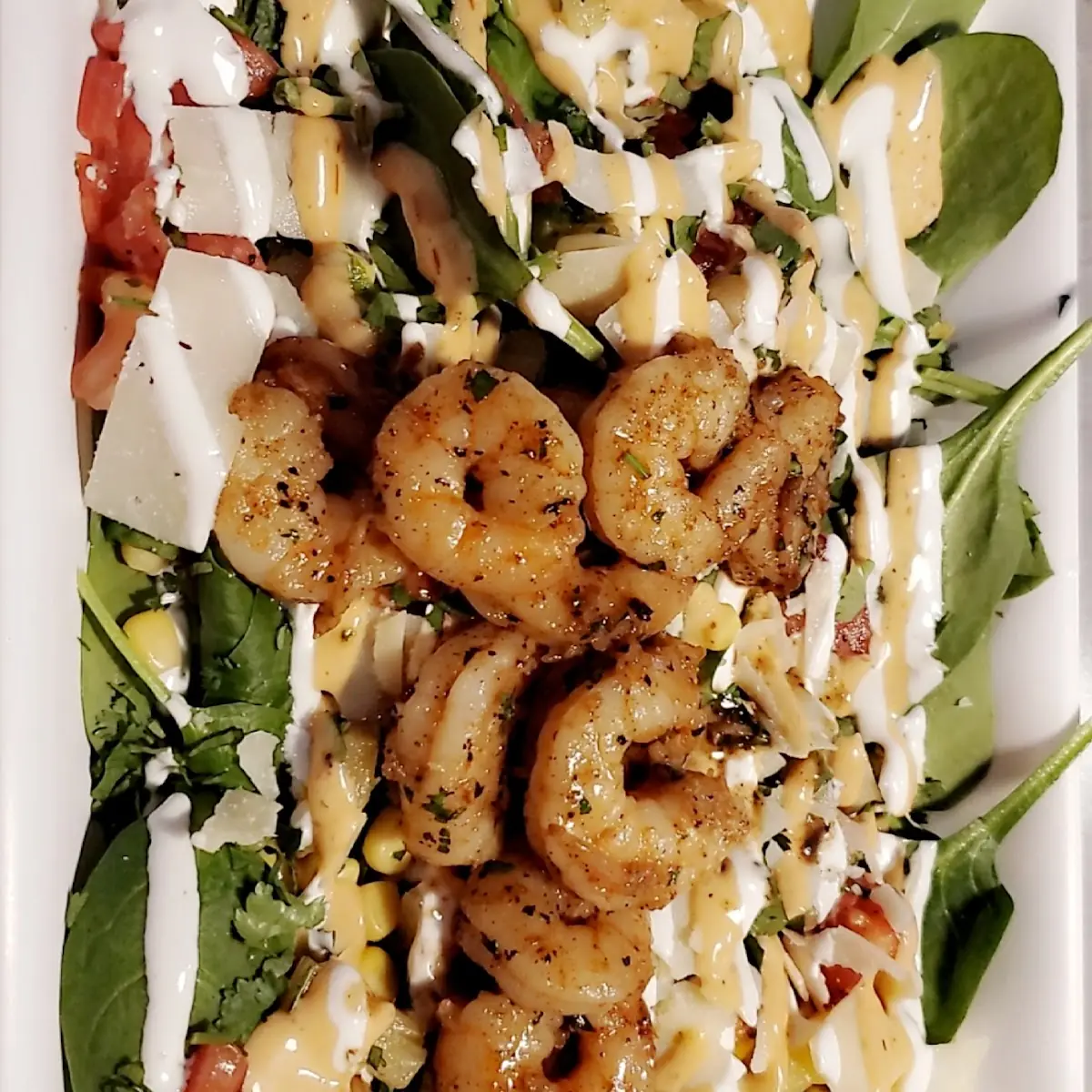 Spinach Shrimp Salad with Pineapple & Corn Salsa Salsa Fresca Chipotle Lime Ranch and Sour Cream