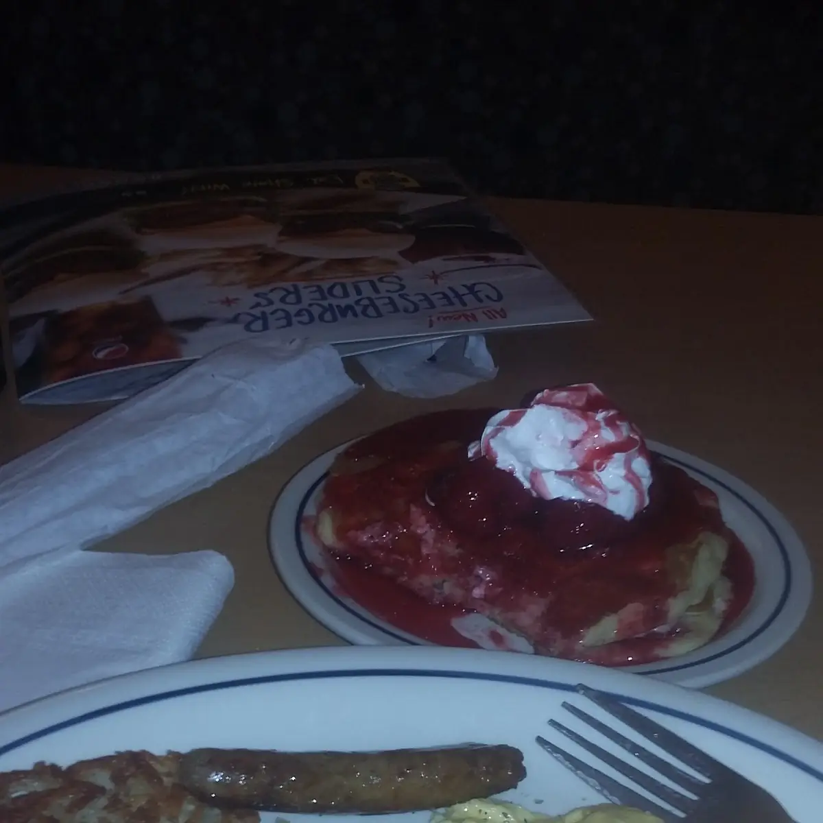 Strawberry Cheesecake Pancake Breakfast with Soft Scrambled Eggs and Sausage Links