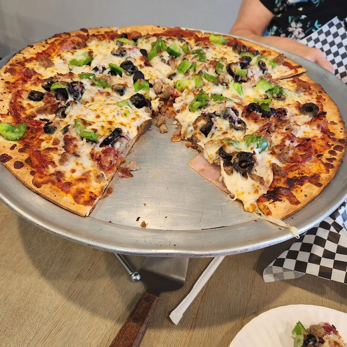 Meat Lovers Pizza Peps Onions blk Olives