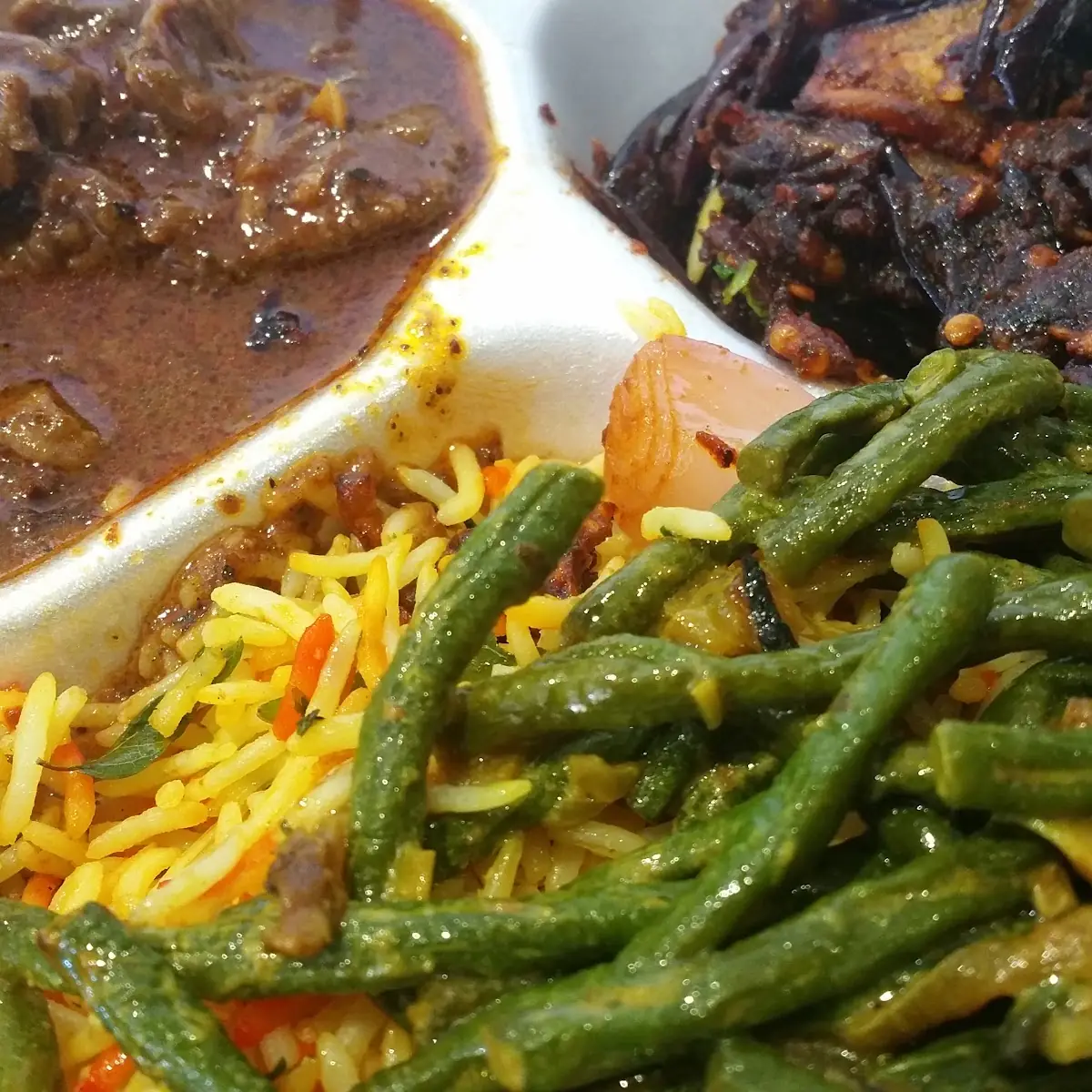 Combo with String Bean Chicken Curry and Eggplant