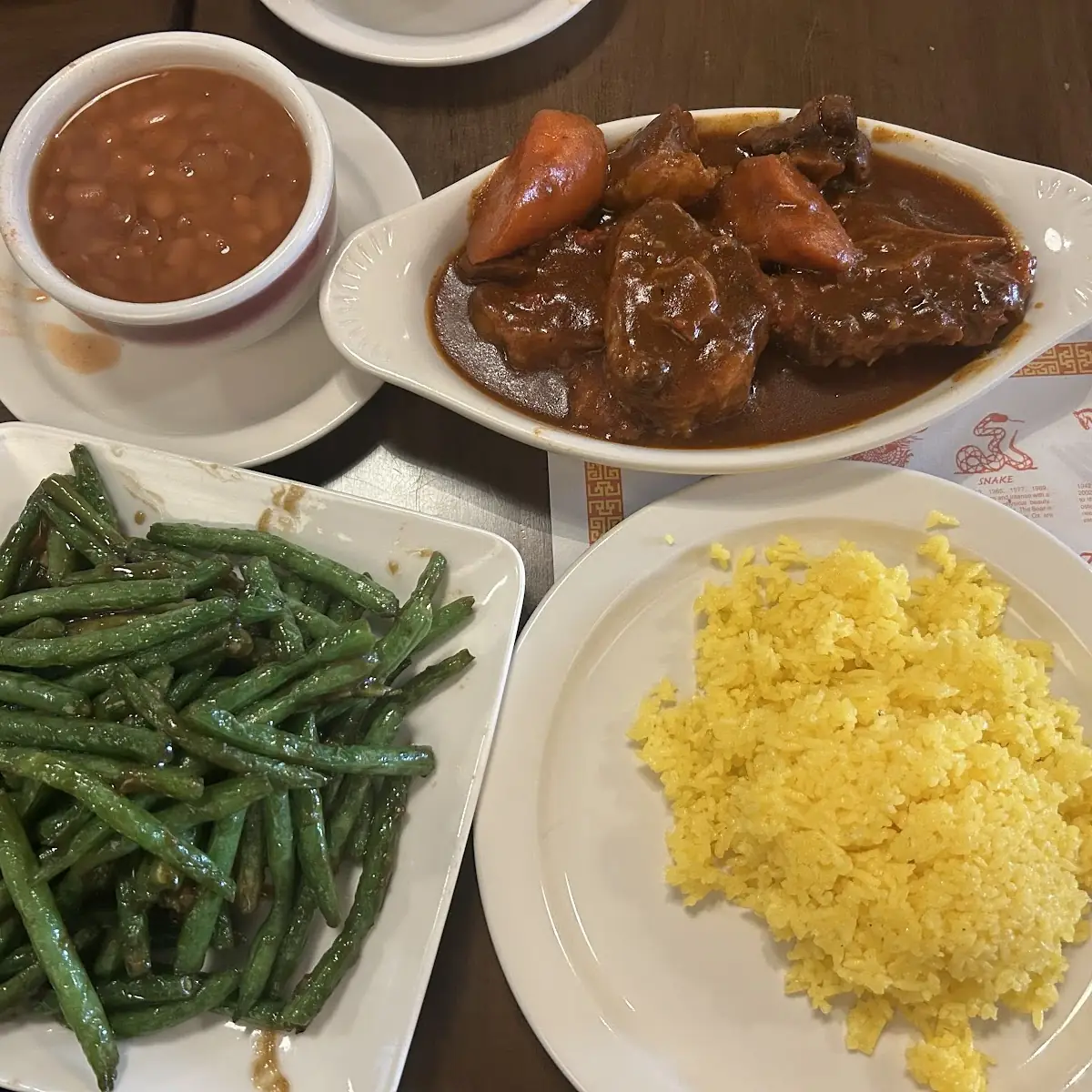 Stewed Oxtail Yellow Rice Red Beans and String Beans