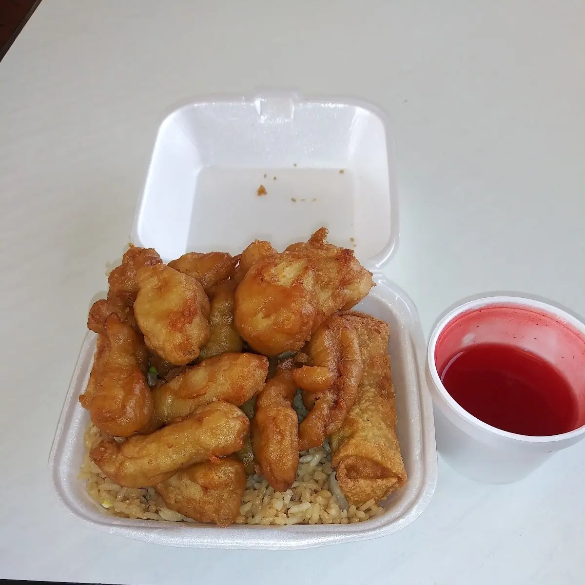 Sweet and Sour Chicken with Egg Roll and Fried Rice