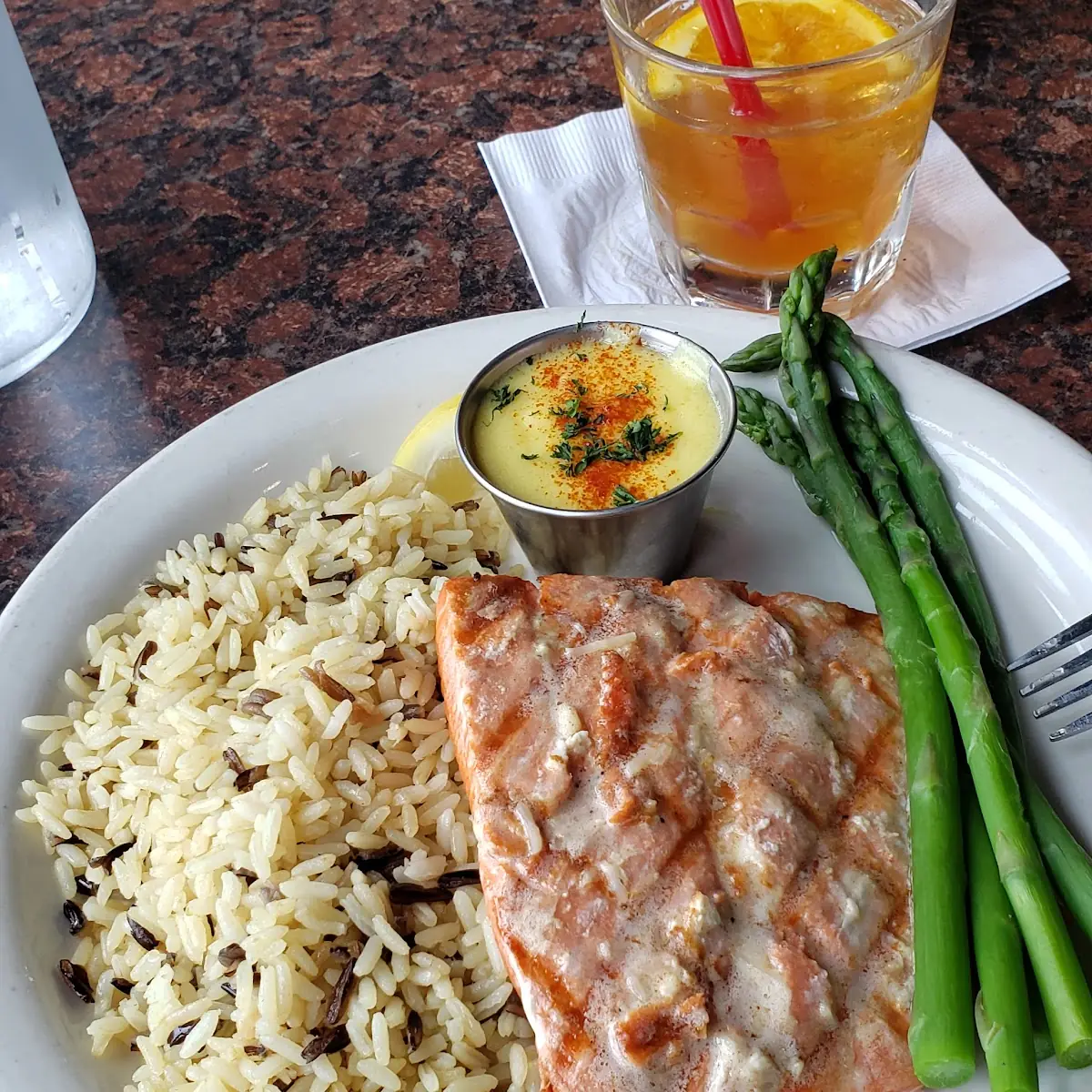 Grilled Salmon with Rice Pilaf and Asparagus