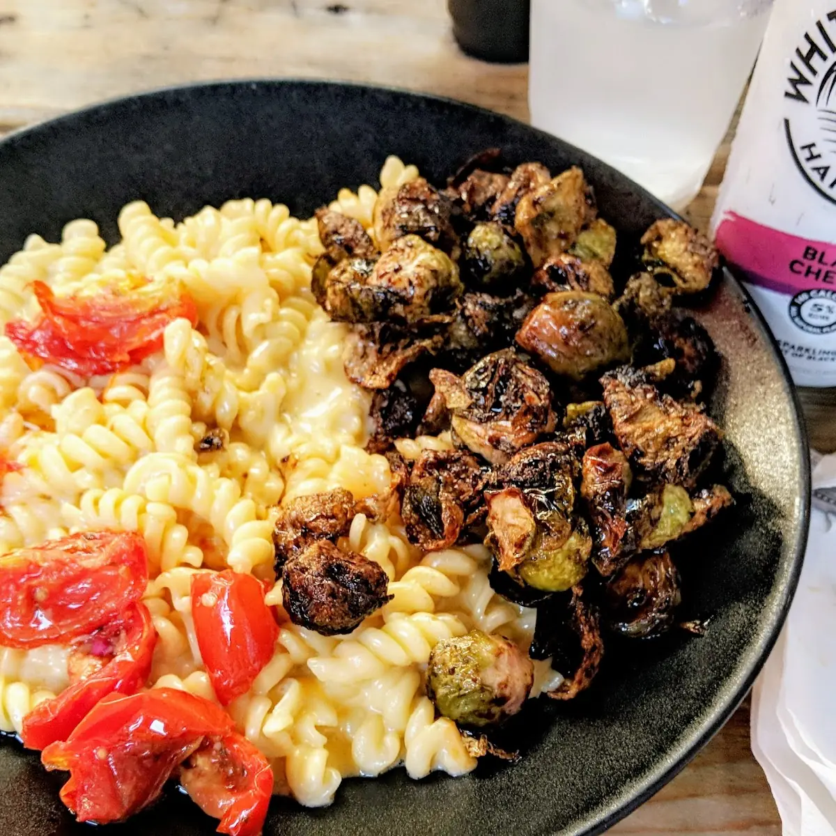 Mac & Cheese with Crispy Brussel Sprouts and Roasted Tomatoes