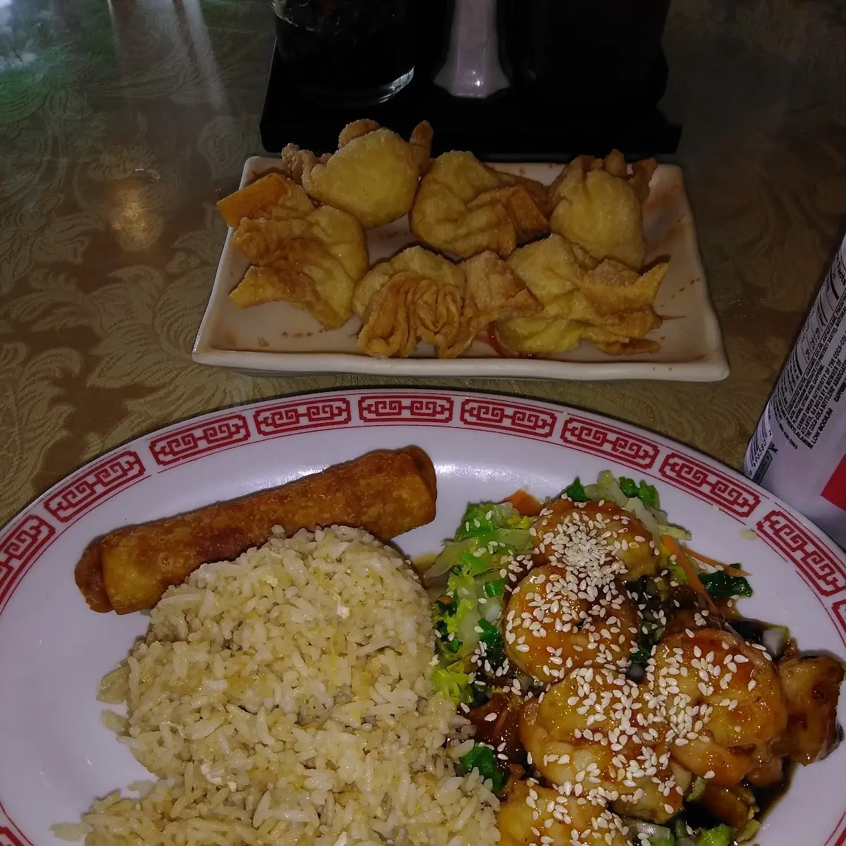 Sesame Tofu with Spring Roll and Fried Rice