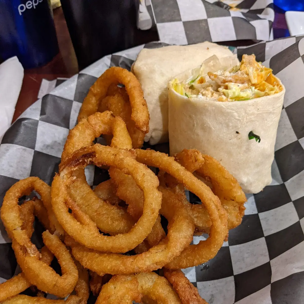 Buffalo Chicken Wrap with Onion Rings
