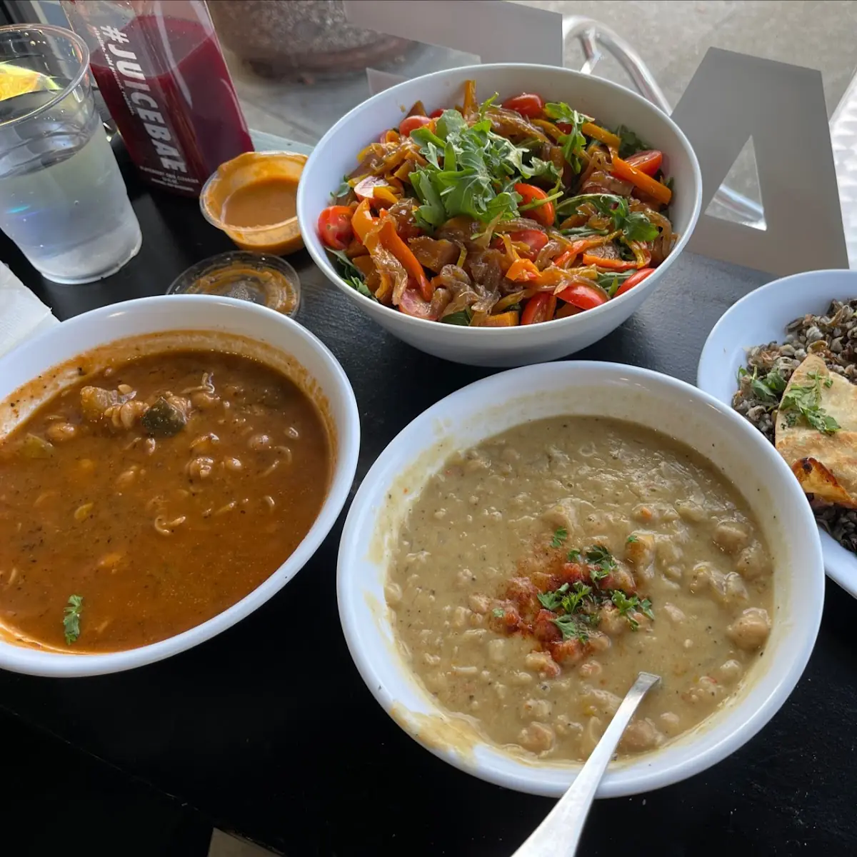 Clockwise from Top Bone Bowl Quesadilla Chickpea Chowder Minestrone Soup