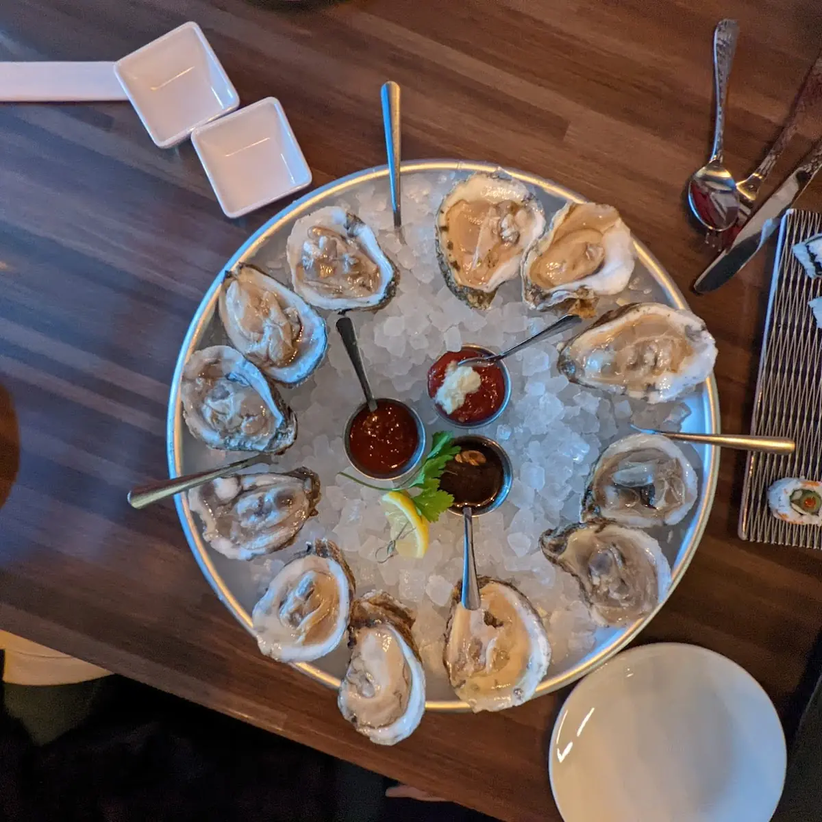 Dozen Oysters on the Half Shell and Spicy Tuna Roll