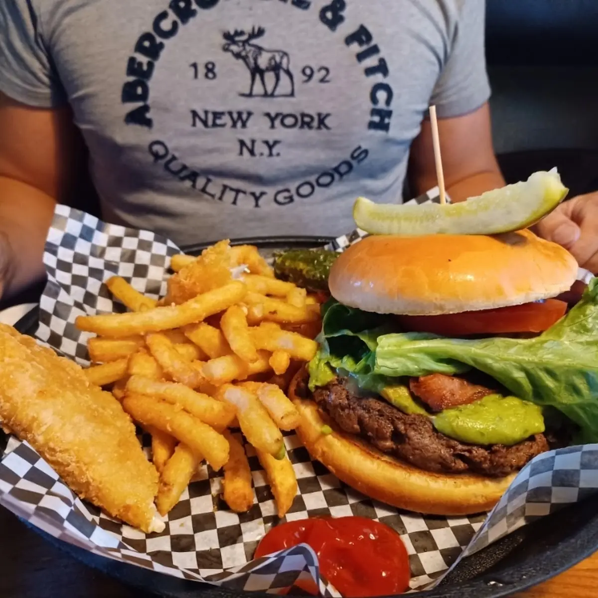 Hamburger with Fried Fish and Fries