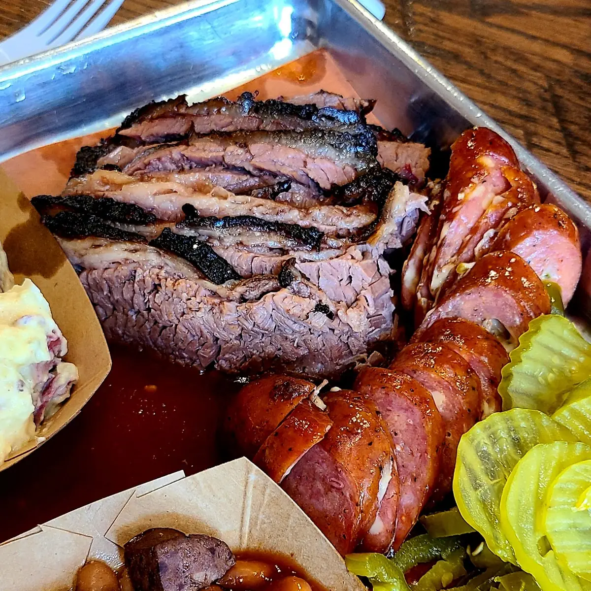 Sliced Brisket Beans and Potato Salad