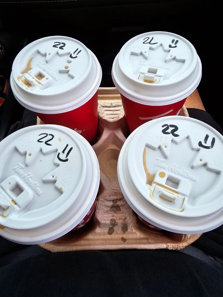 4 Large Double Double Coffees, Tim Hortons