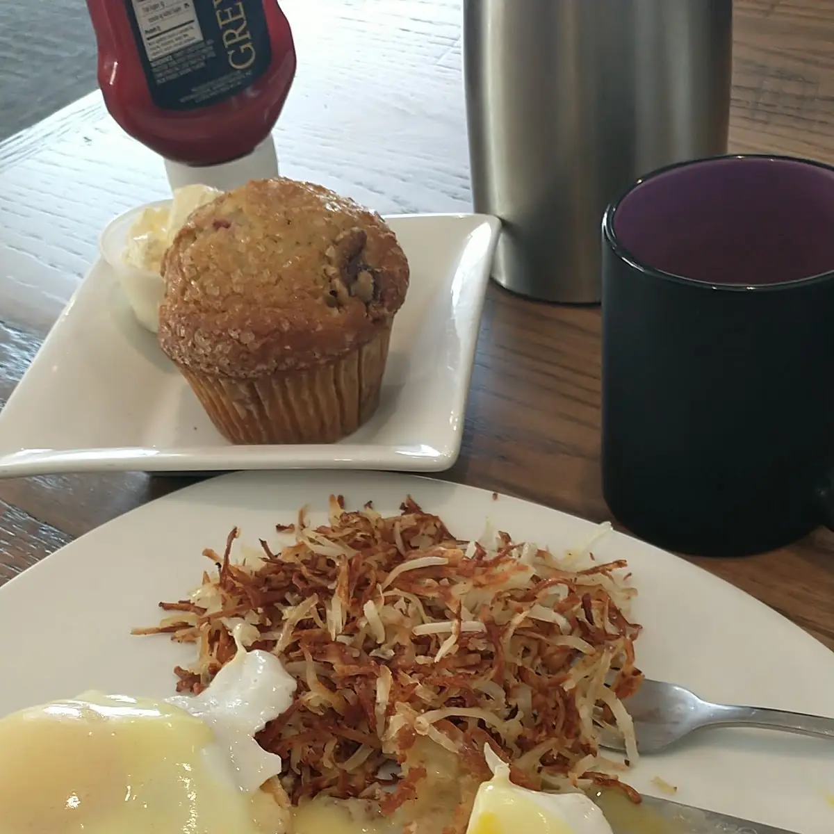 Eggs Benedict Hash Browns and Orange Cranberry Muffins