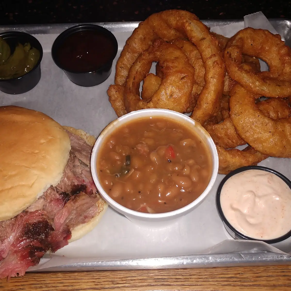Pulled Pork Onion Rings and Baked Beans
