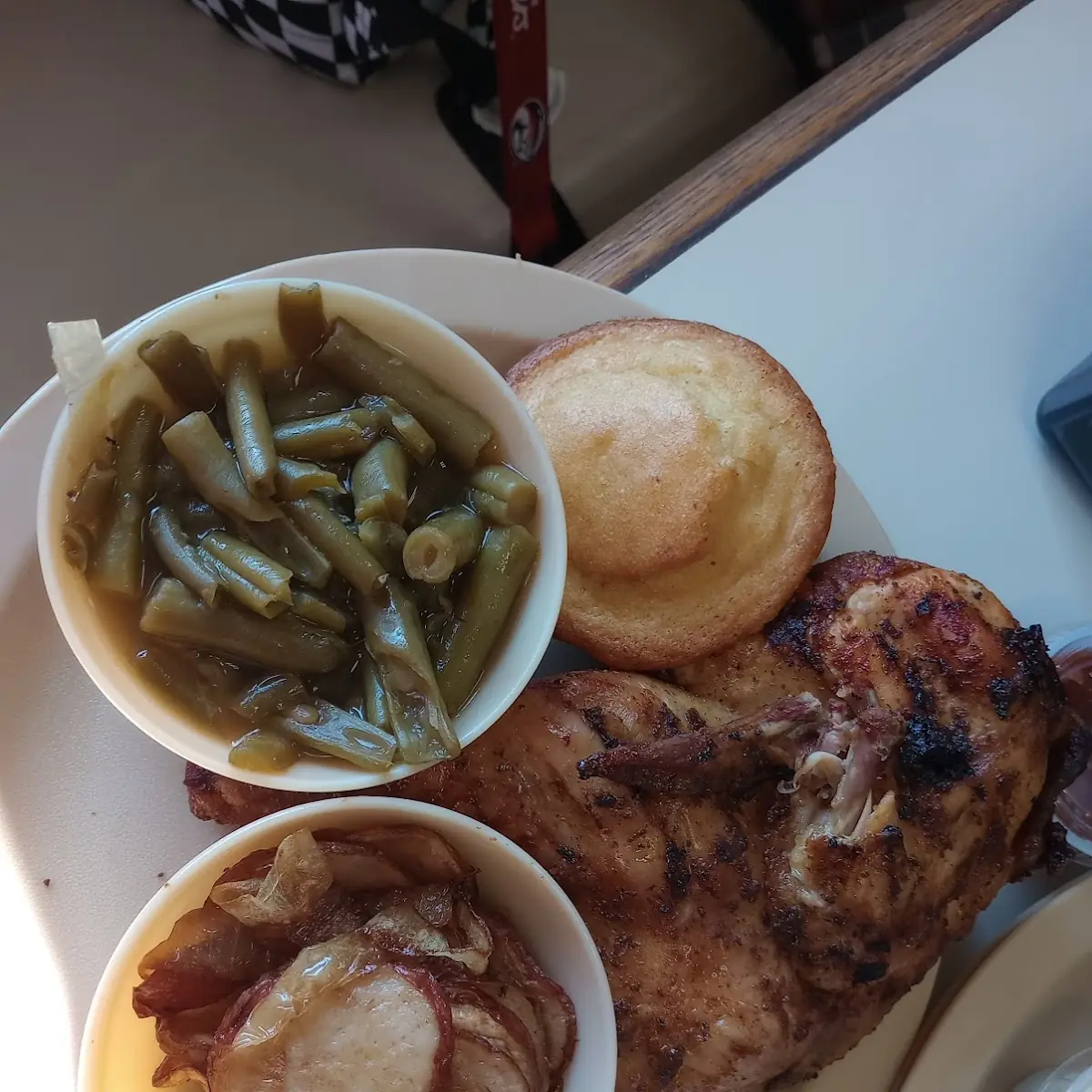 Baked Chicken Green Beans and Potatoes with Onions and Dry Cornbread