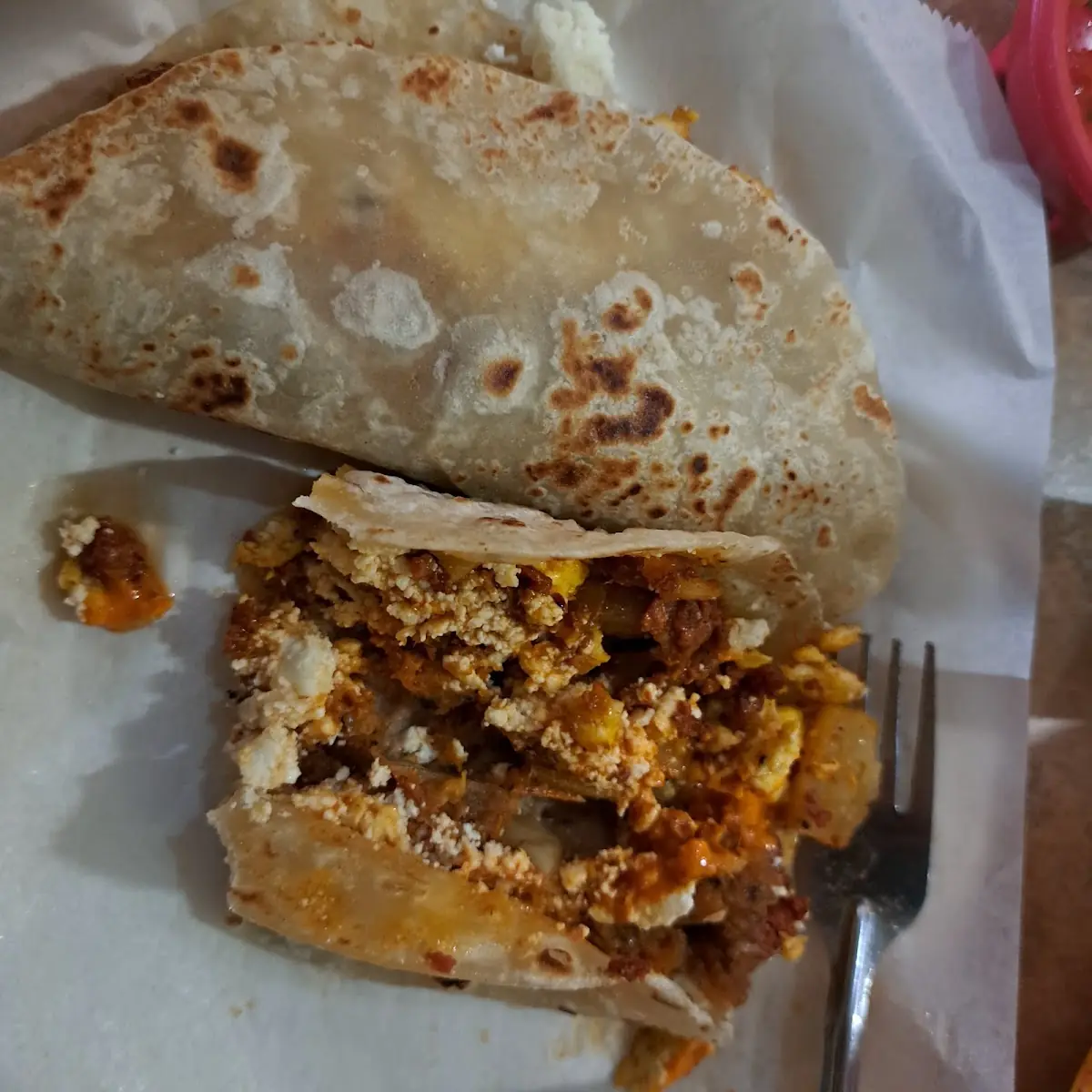 Breakfast Taco- Potato Chorizo Eggs and Beans