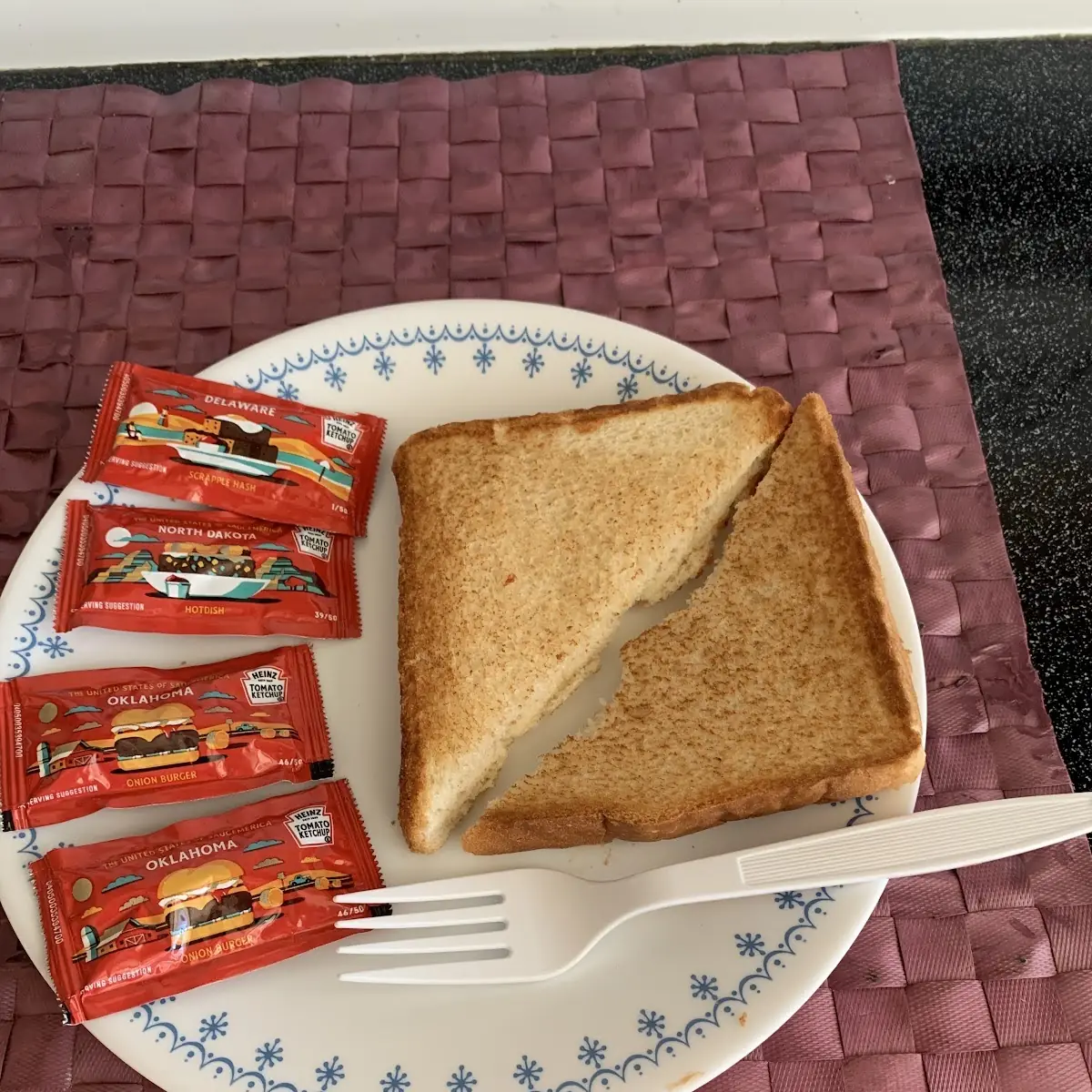 White Bread Toast with 4 Ketchup Packets