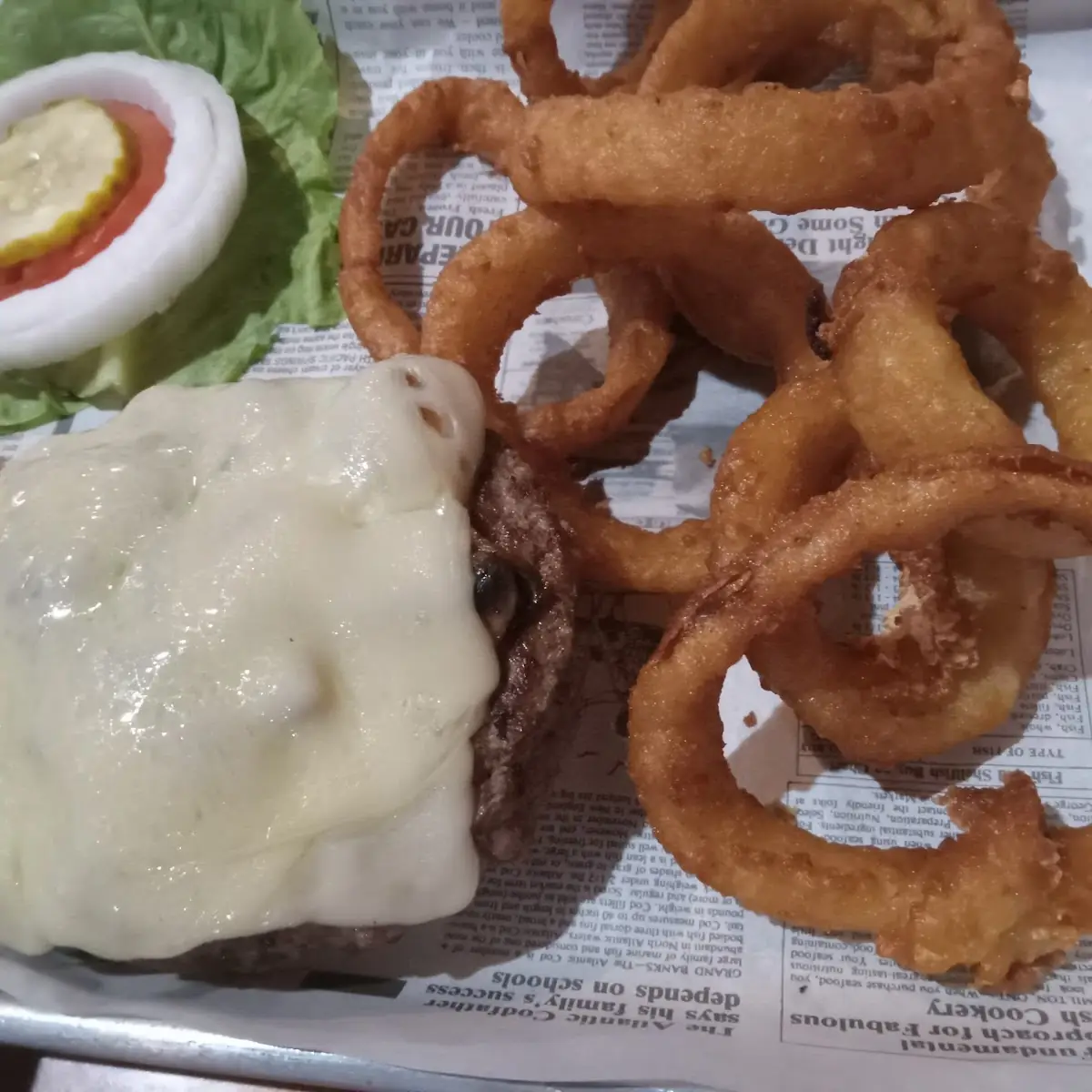 Mushroom Burger and Onion Rings