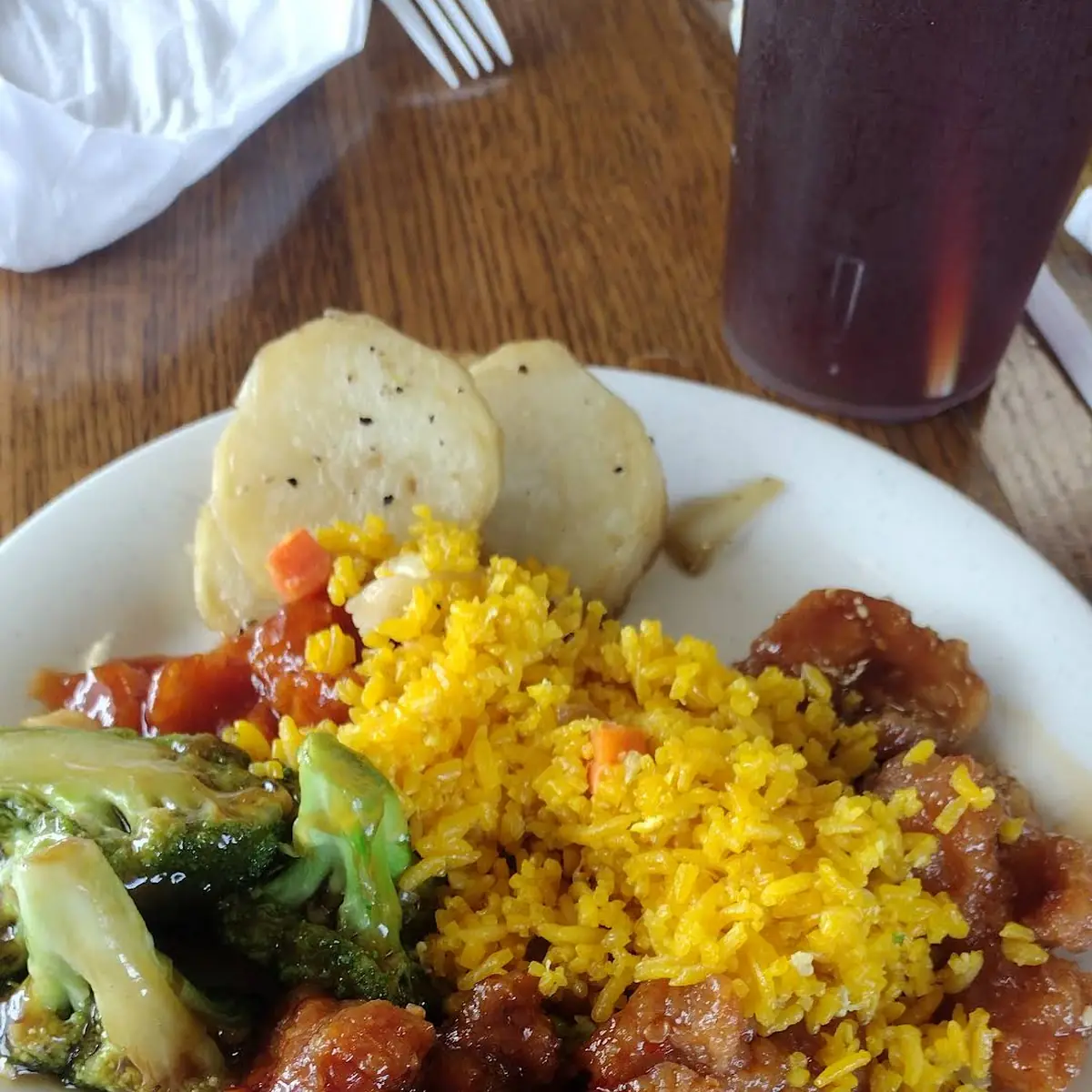 Generals Chicken Fried Rice Broccoli and Potatoes
