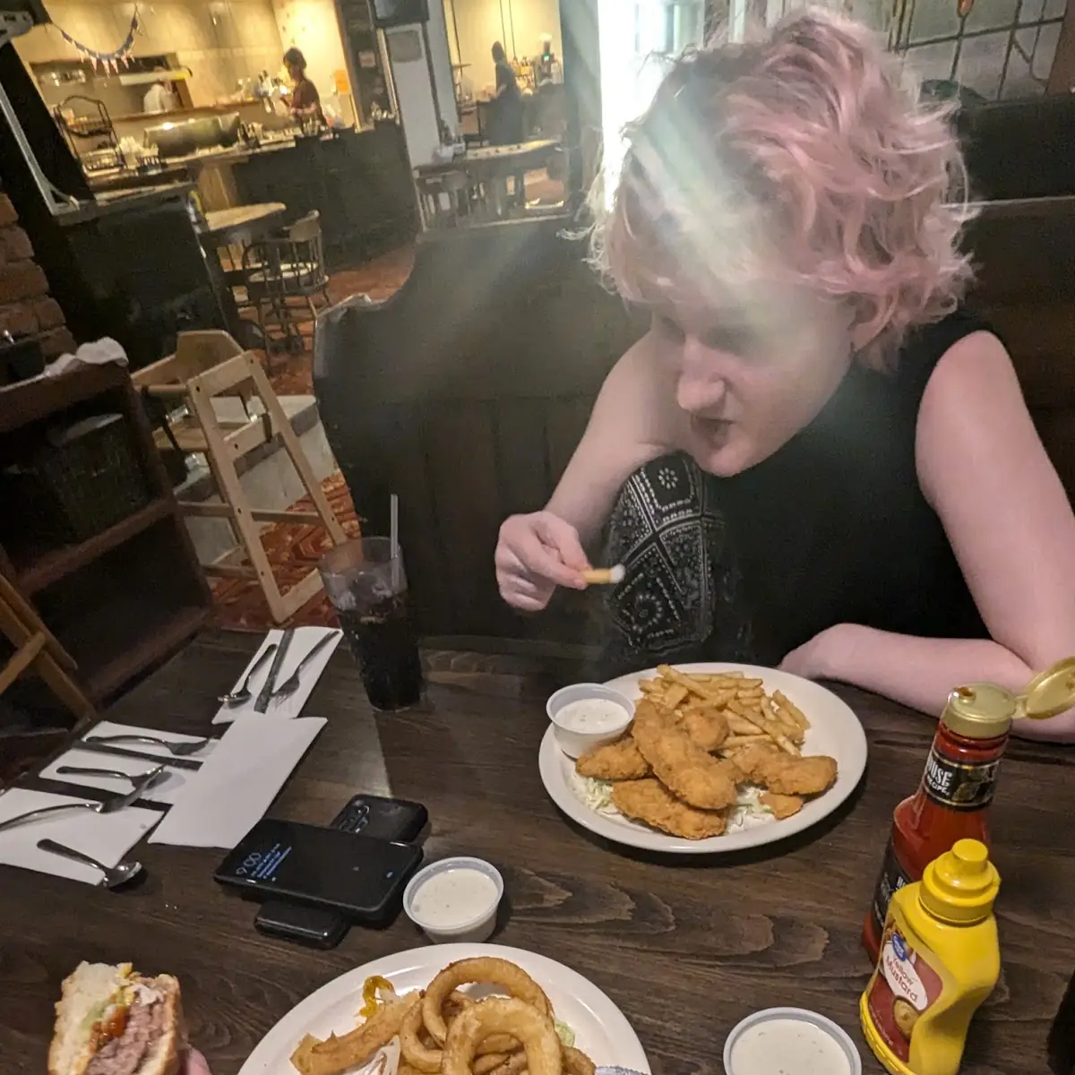 Cheeseburger with Onion Rings and Chicken Strip