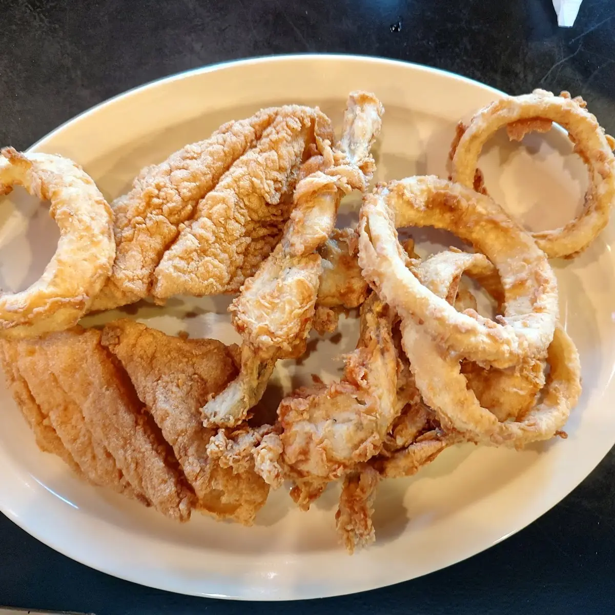 Fried Catfish Frog Legs and Onion Rings