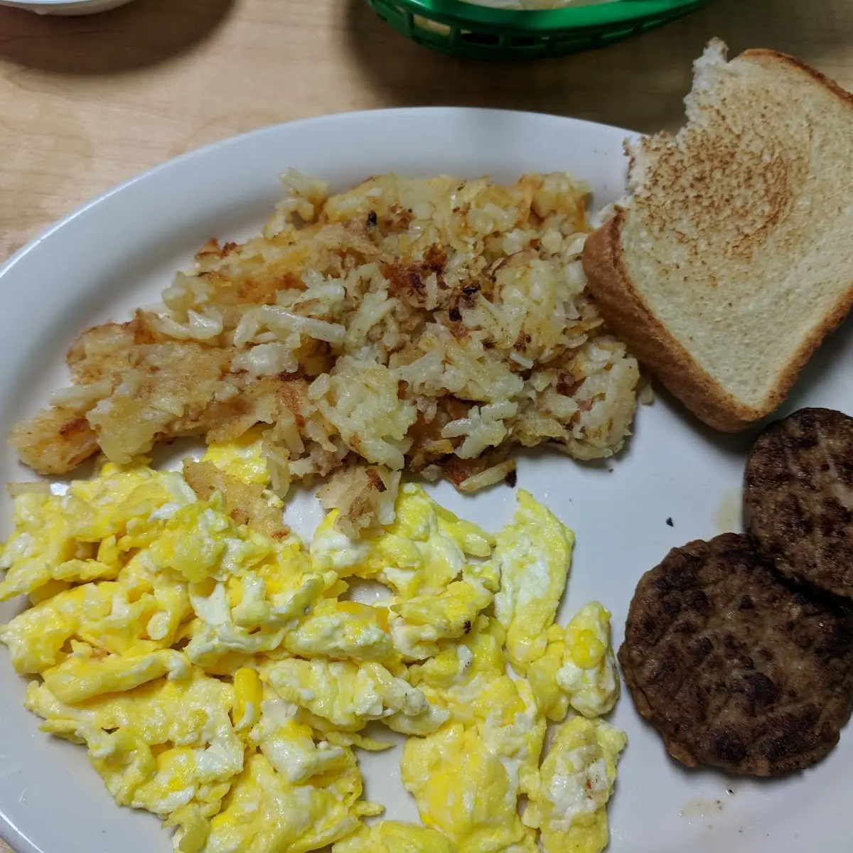 Sausage Patty Hash Browns and Eggs