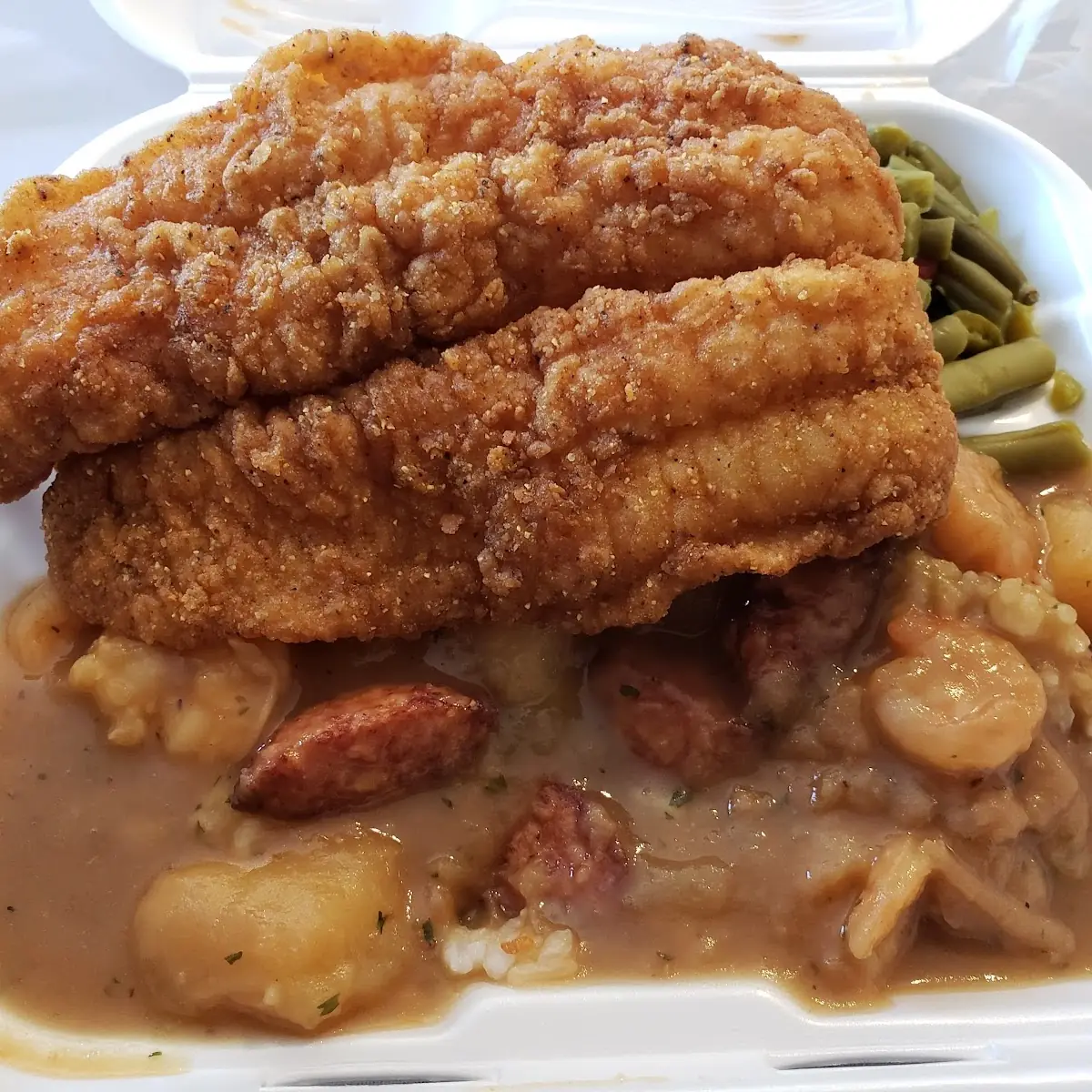 Potato Stew with Sausage and Fried Fish