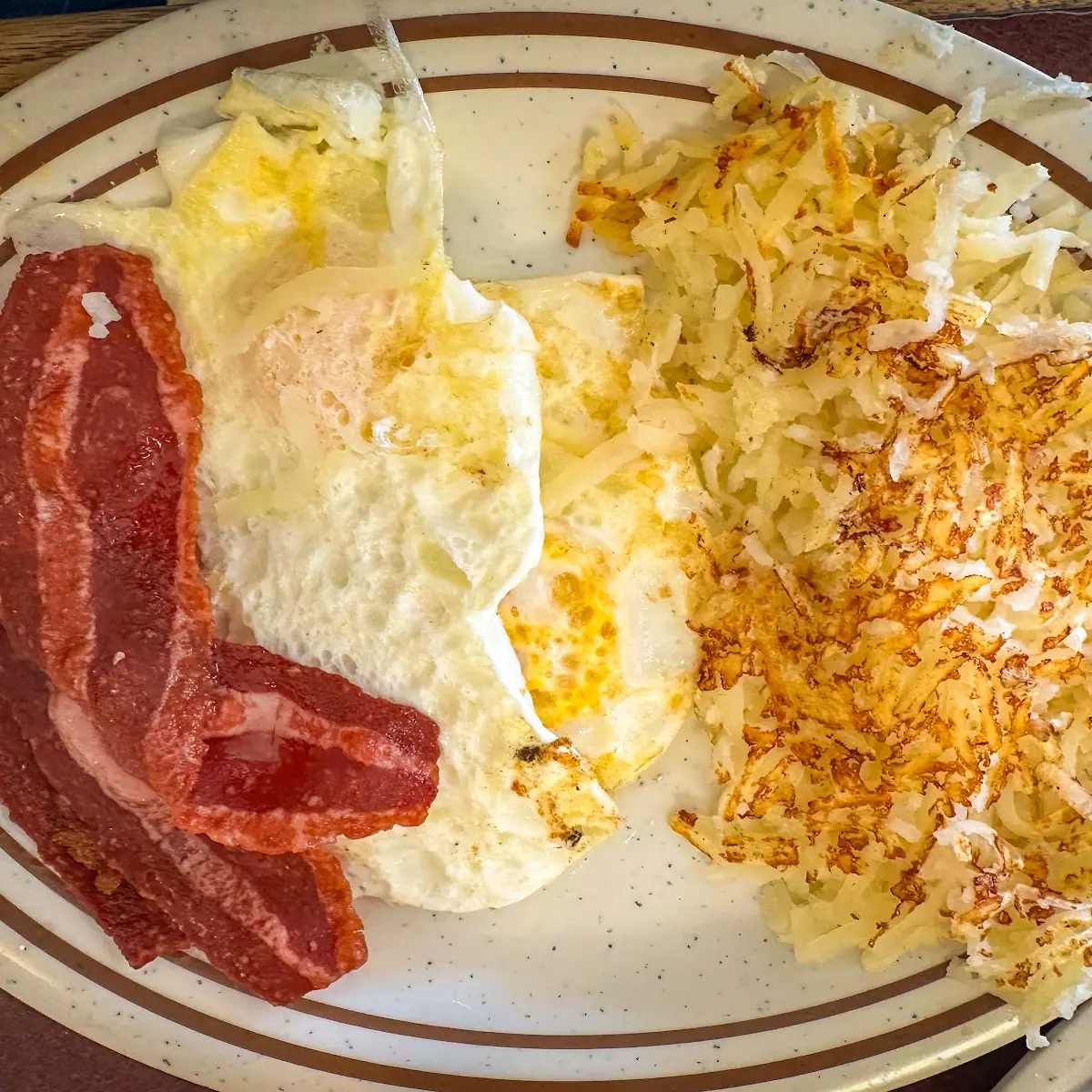 Turkey Bacon Eggs over Medium and Hash Browns