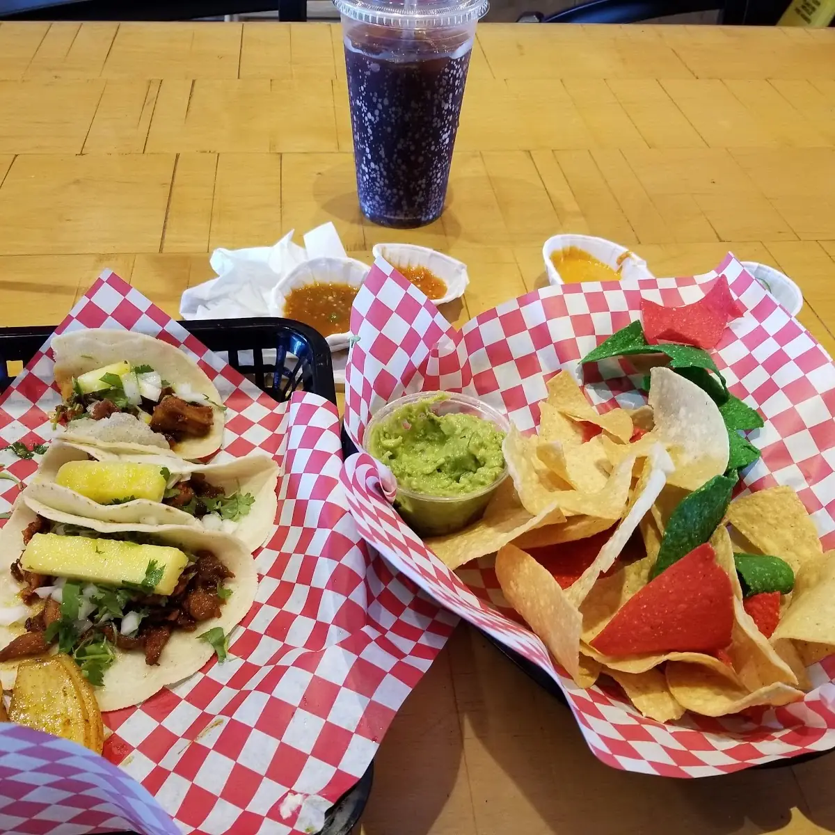 Al Pastor Tacos Chips and Guacamole