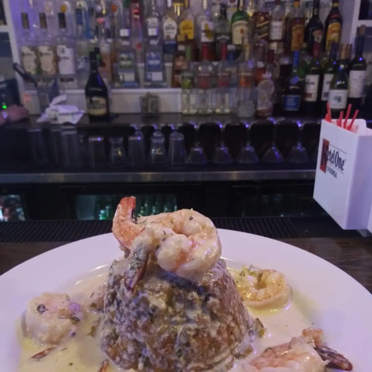 Shrimp Mofongo on Garlic Sauce