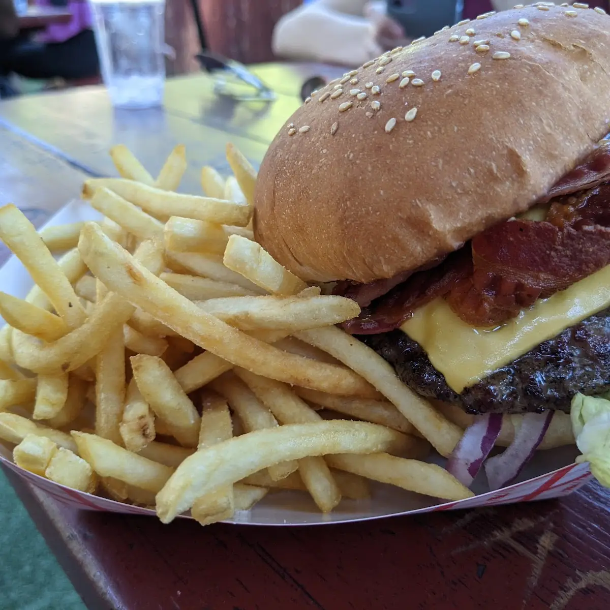 Avocado Bacon Cheeseburger and Fries