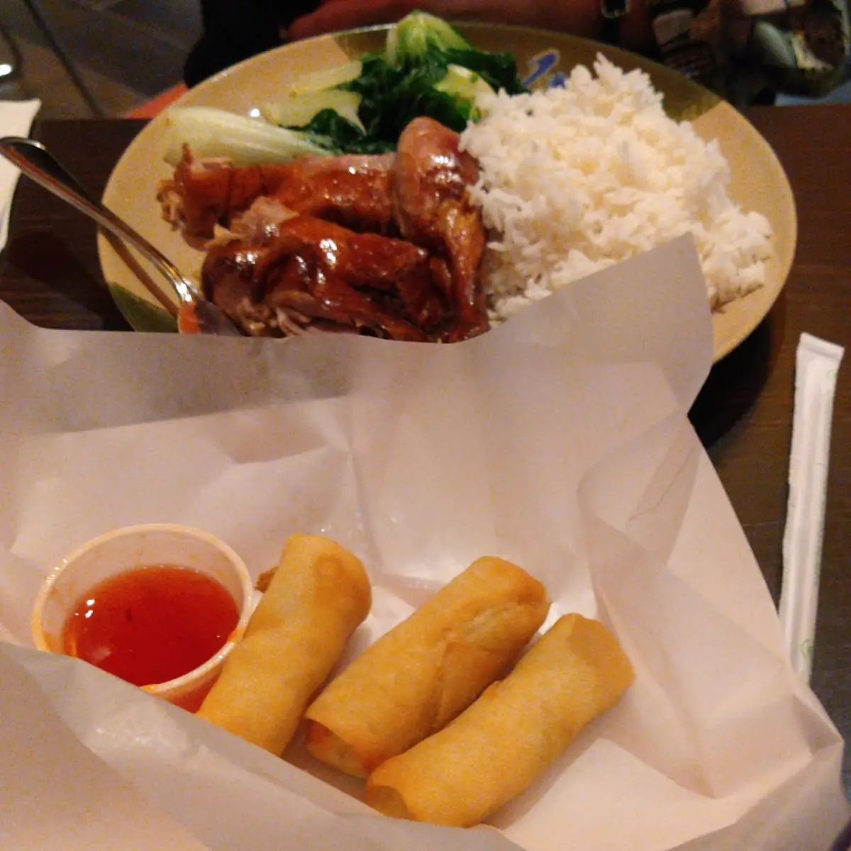 Egg Rolls and Roasted Duck with Vegetables and Rice