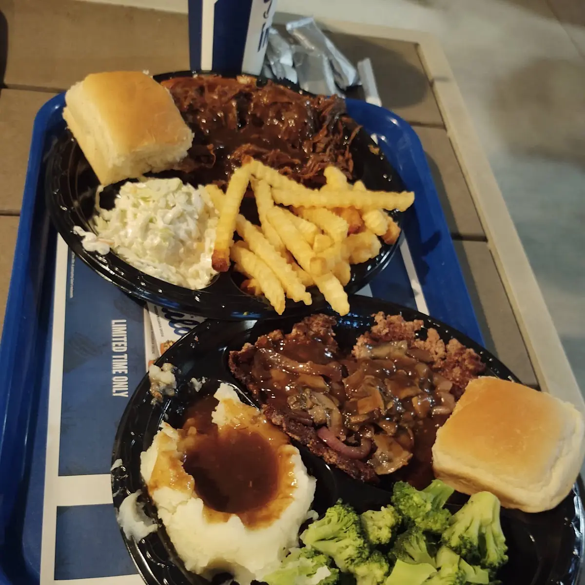 Hamburger Steak Dinner with Mashed Potatoes and Gravy and Broccoli