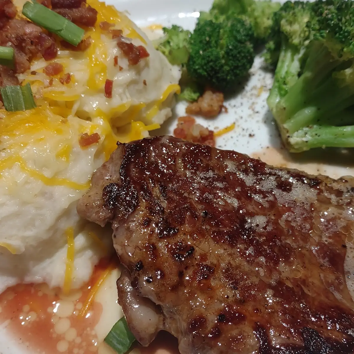 Sirloin Steak Loaded Potatoes and Steamed Broccoli