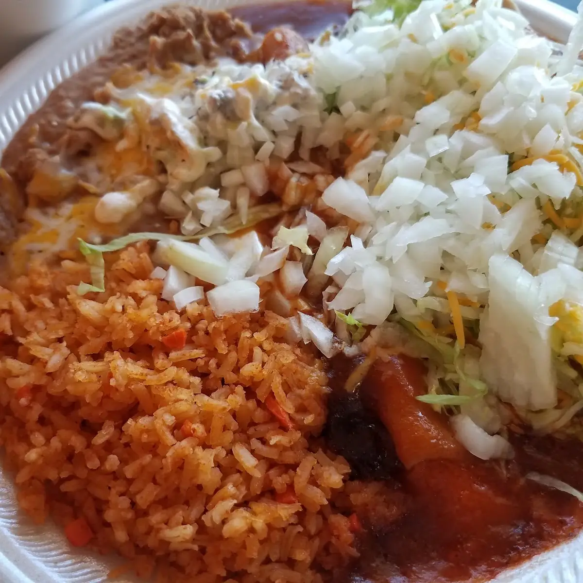 Cheese Enchilada with Onions and Beans and Rice