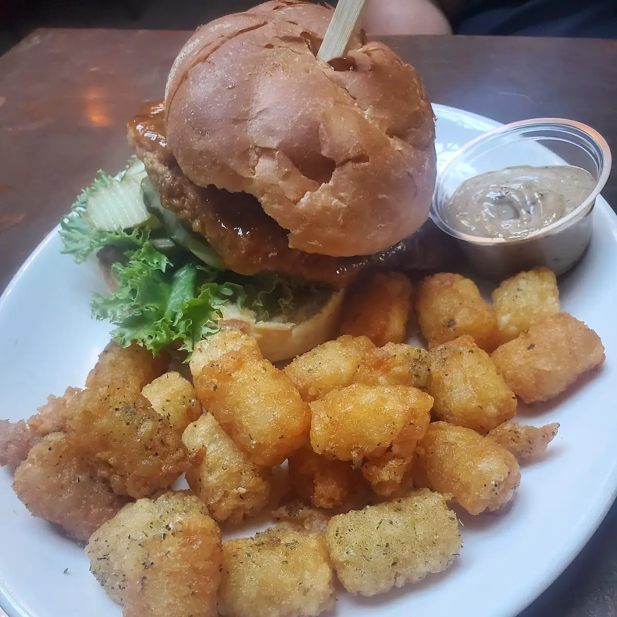 Crispy Chicken Burger with Cajun Tots