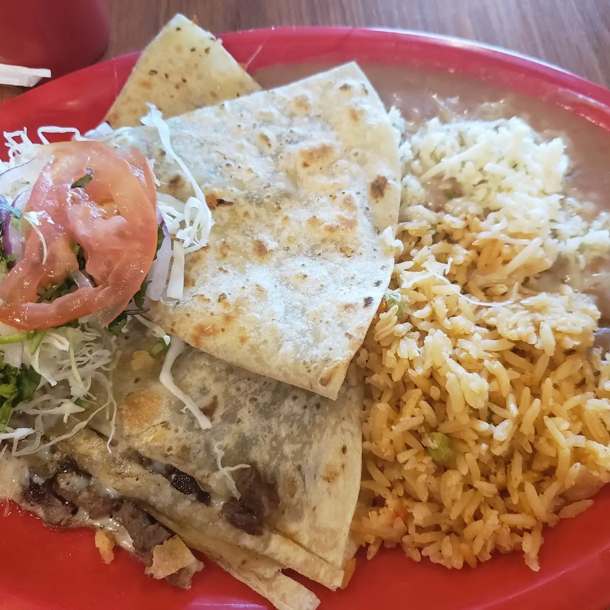Steak Quesadilla with Beans and Spanish Rice
