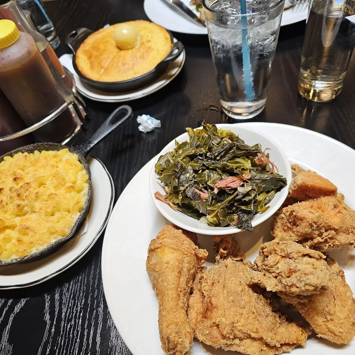 Fried Chicken Collard Greens Mac and Cheese and Corn Bread