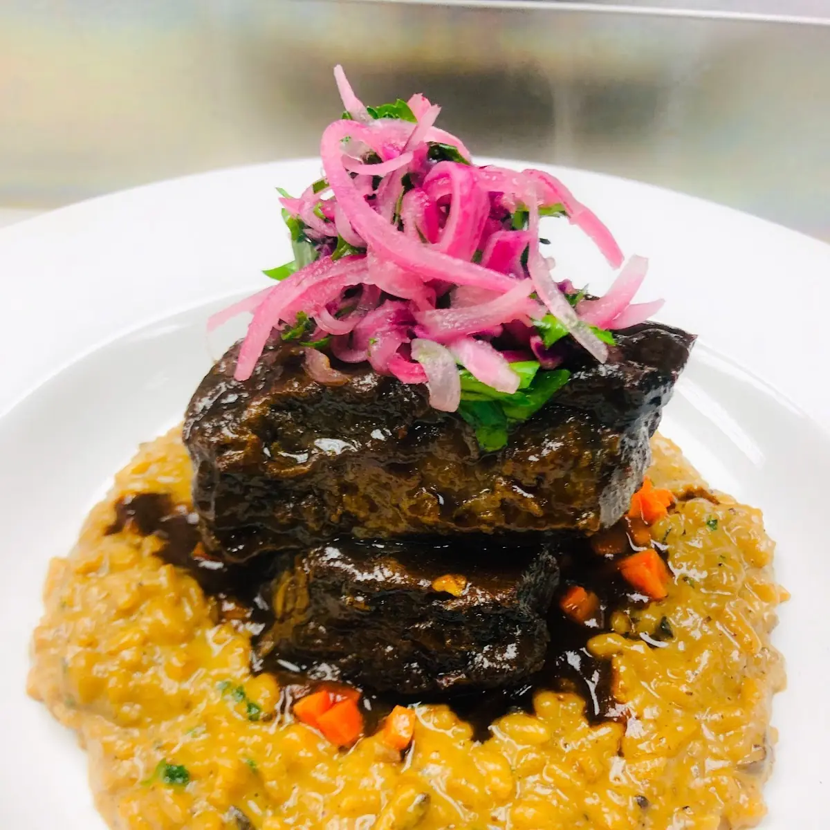 Special Braised Beef Short Rib with Mushroom Risotto and Pickled Red Onion Salad