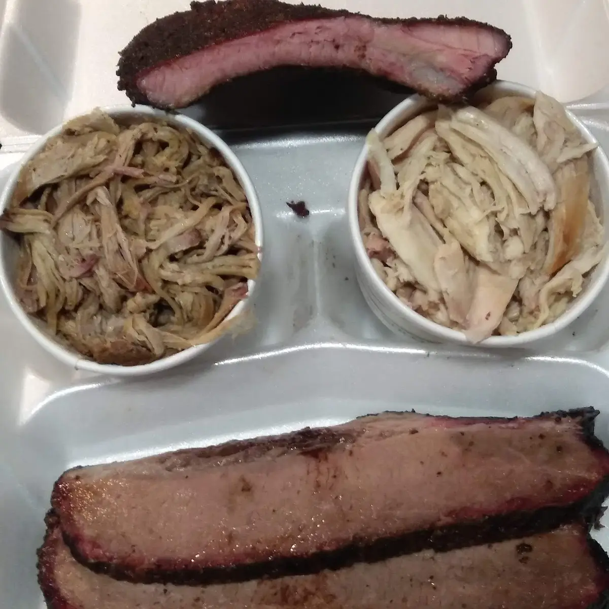 St Louis Style Ribs Top Pulled Pork Left Shredded Chicken Right