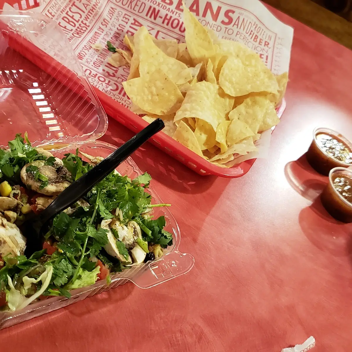 Burrito Bowl Chips Salsa and a Drink